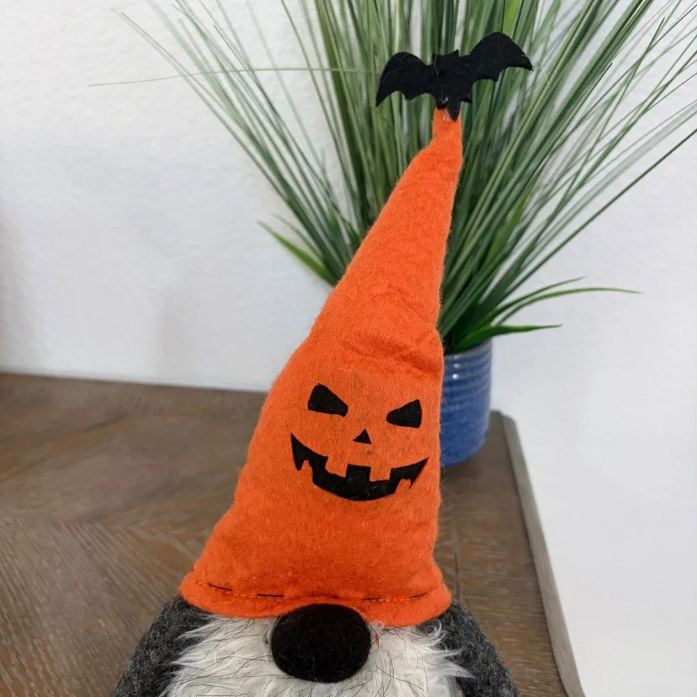 Halloween Pumpkin Gnome Bat Topper Plush Shelf Sitter Plush Decor Orange Grey
